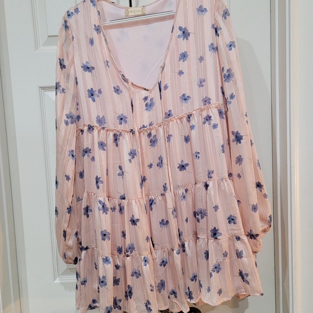 Light Pink and blue floral long sleeve dress